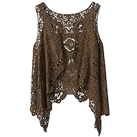Flygo Women's Open Front Cotton Crochet Lace Boho Hippie Butterfly Vest Cardigan Coverup Sleeveless Irregular Hem(Coffee-One Size)