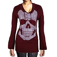 Sugar Rock Women Sweater Hoodie Shirt Long Bell Sleeves Skull Rhinestone Vneck
