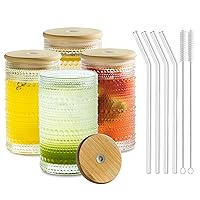 Set of 4 Hobnail Highball Glasses: Embossed Beaded Glass Cups with Lids and Straws – Perfect for Cocktails, Old Fashioned, Margaritas, Beer, Juice, and More – 12oz Elegant Mixed Drinkware (12 Oz)