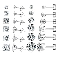 12 Pairs Hypoallergenic Stainless Steel Stud Earrings Set Cubic Zirconia 20G Surgical Steel Gold Silver Earring for Women Girls Men