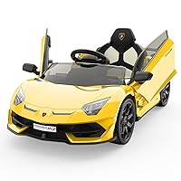 Ride on Car for Kids 12V Licensed Lamborghini Electric Vehicles Battery Powered Sports Car with Control, 2 Speeds, Sound System, LED Headlights and Hydraulic Doors (Yellow-2)