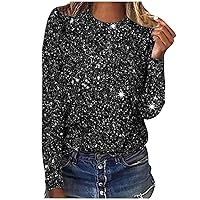Sparkly Shirts for Women Casual Crewneck Shimmer Glitter Tops Loose Fit Fashion Long Sleeve Shiny Graphic Blouses