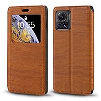 for Motorola Edge X Case, Wood Grain Leather Case with Card Holder and Window, Magnetic Flip Cover for Motorola Edge 30 Ultra (6.7”) Brown