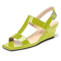 Women's Dress Evening Patent Ankle Strap Square Open Toe Slingback Low Heel Wedges Sandals 2 Inch