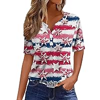 Women's Fourth July Tee Shirts America Flag Print Button Short Sleeve Daily Weekend Fashion Basic V-Top, S-3XL