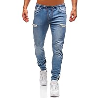 Men's Cargo Jeans,Zipper Jeans for Men Moto Biker Jeans Slim Fit Denim Pants Elastic Waist Drawstring Cargo Jean