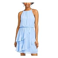 Womens Light Blue Textured Sleeveless Halter Above The Knee Party Fit + Flare Dress XXS