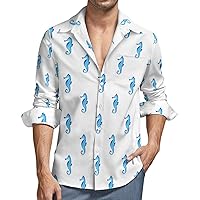 Watercolor Sea Horse Men's Shirt Loose Fit Long Sleeve Shirt Beach Button-Up Casual Shirts Wedding Shirt