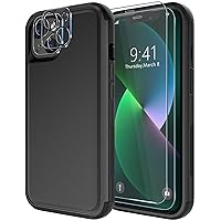 Diverbox for iPhone 13 Case [Shockproof] [Dropproof] [Tempered Glass Screen Protector + Camera Lens Protector],Heavy Duty Protection Phone Case Cover for Apple iPhone 13 (Black)