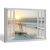Beach Window Art Wall Decor: 30x45 Inch Ocean Artwork Coastal Picture Seascape Painting Print for Living Room