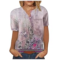 Women's 2023 Summer Casual Comfy Blouse Tops Retro Floral Print Single Breasted Short Sleeved Shirt with Pockets