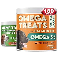 180 Fish Oil Omega 3 Treats for Dogs + 120 Hemp Glucosamine Treats for Dogs Bundle - Allergy Relief + Natural Pain Relief - Skin and Coat Supplement + Hip & Joint Supplement w/Hemp Oil - Omega 3 6 9