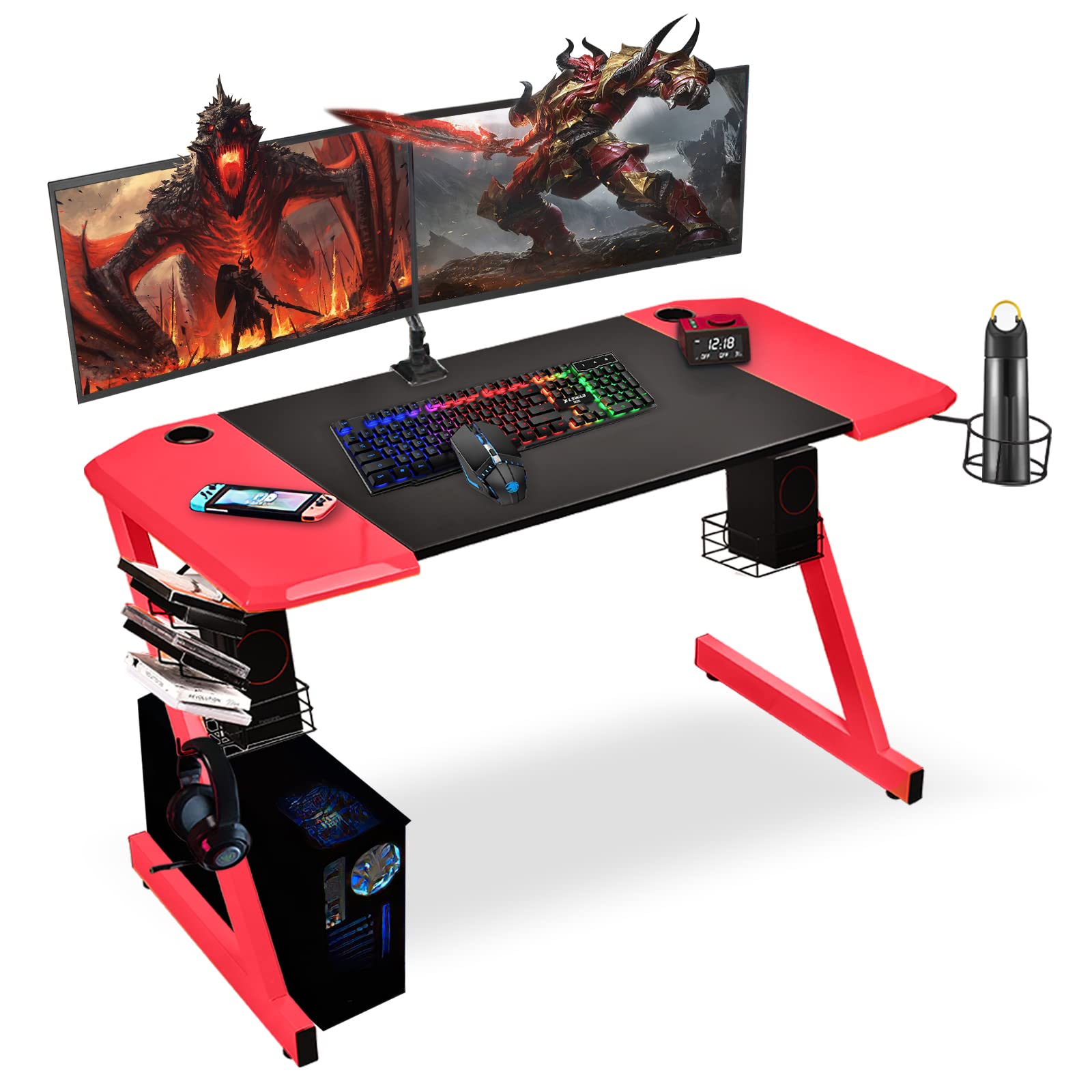 Grepatio Gaming Desk, Home Office PC Computer Desk, Professional E-Sport Gamer Table Workstation with Speaker Stands, Cup Holder, Gaming Handle Rac...