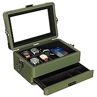 CASE ELEGANCE Military 10 Slot Watch Box Case Organizer for Men, Real Glass Top, Modular Valet Tray, Apple Watch Compatible with Apple Watch Stand, Accessory Drawer, Watch Pillow Stands