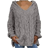 Women's Oversized Hooded Chunky Cable Sweaters V Neck Long Sleeve Knit Pullover Tops Casual Loose Tunic Hoodies