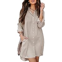 Womens Button Down Shirt Dresses with Pockets Cotton Striped Shirts Collared Tunics Long Sleeve High Low Blouse Tops