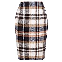 CHARTOU Women's Elegant High Waist Plaid Slit Brushed Wool Bodycon Pencil Midi Skirt
