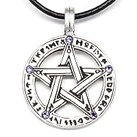 Pewter Pentagram with Runes Pendant on Leather w/5 Swarovski Crystals for Birthday