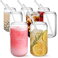 [ 8pcs Set ] Drinking Glasses with Glass Straw - 16oz Can Shaped Glass Cups, Beer & Iced Coffee Glasses, Cute Tumbler Cup, Ideal for Whiskey, Soda, Tea, Water, Gift - 2 Cleaning Brushes