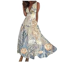 Wedding Guest Party Dress for Women,2024 Summer Deep Wrap V High Waist Maxi Sleeveless Cami Top Sexy Plain/Print Ruffle Dress