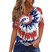 Summer Tops for Women 2024 Short Sleeve Blouses Dressy Casual T Shirt Tee Print Button V- Neck Tops