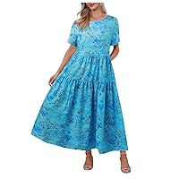 Women's Casual Dresses V Neck Bohemian Dresses Short Sleeve Floral Maxi Dress Summer Beach Flowy Dresses