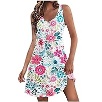 Women Funny Floral Sundresses 2024 Summer Sleeveless Vacation Beach Dress V Neck Tunic Tank Mini Dress with Pockets