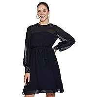 FabAlley Women's Embellished Navy Blue Shift Dress with Belted