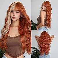 Allbell Long Orange Wavy Wigs for Women Blonde Highliaght Wig with Air Bangs Afro Natural Looking Heat Resistant Synthetic Hair