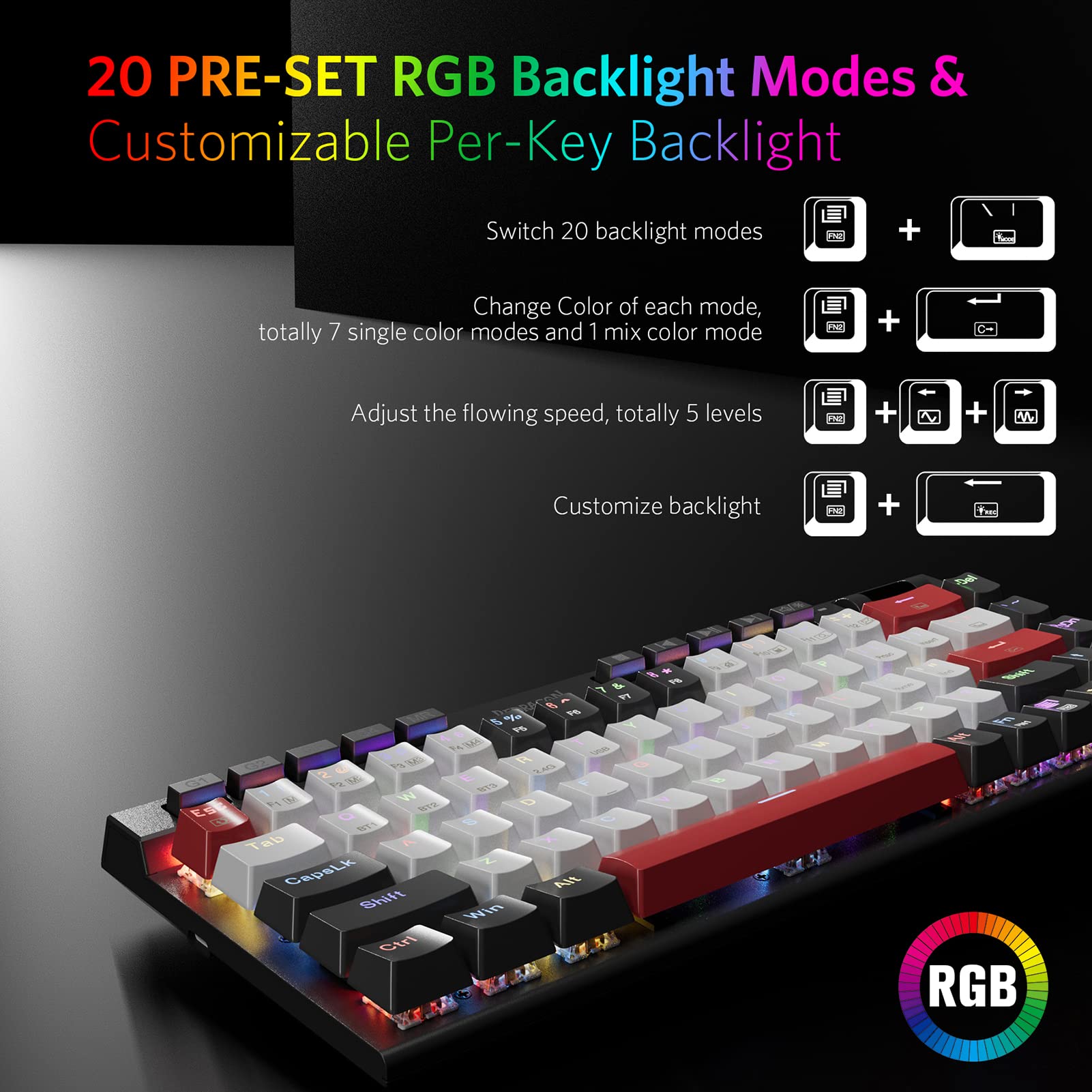 Redragon K635 Hot Swappable Mechanical Keyboard Customized RGB Backlit with Volume Control, Bluetooth/2.4G-Wireless/USB-C Compact Gaming Keyboard with Red Switches(68+10Keys)