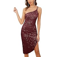 Kate Kasin Women's Sexy Sequin Sparkly Glitter Party Club Dress One Shoulder Spaghetti Straps Curved Hem Wrap Bodycon Dress