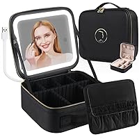 Travel Makeup Case with LED Light Mirror, Portable Waterproof Makeup Bag with 3 Adjustable Color Brightness Professional Cosmetic Train Case Organizer with Adjustable Dividers (SN-Black)