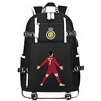 CR7 Large Capacity Rucksack Ronaldo Casual Bookbag with USB Charging Port-Al Nassr FC Lightweight Bagpack for Travel