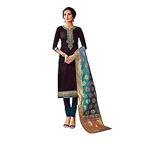 ladyline Partywear Cotton Salwar Kameez Embroidered Dress with Brocade Silk Dupatta