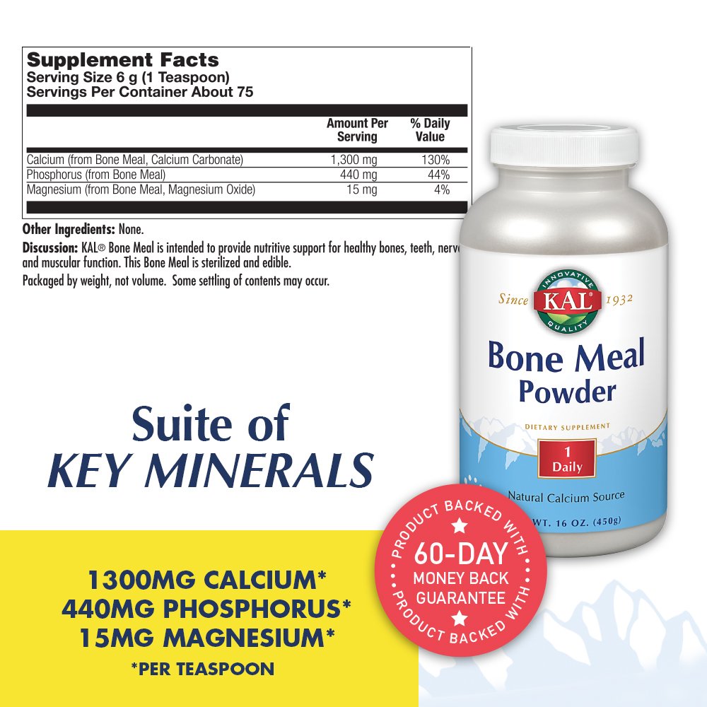 KAL Bone Meal Powder | Sterilized & Edible Supplement Rich in Calcium, Phosphorus, Magnesium | For Bones, Teeth, Nerves, Muscular Function | 16 oz
