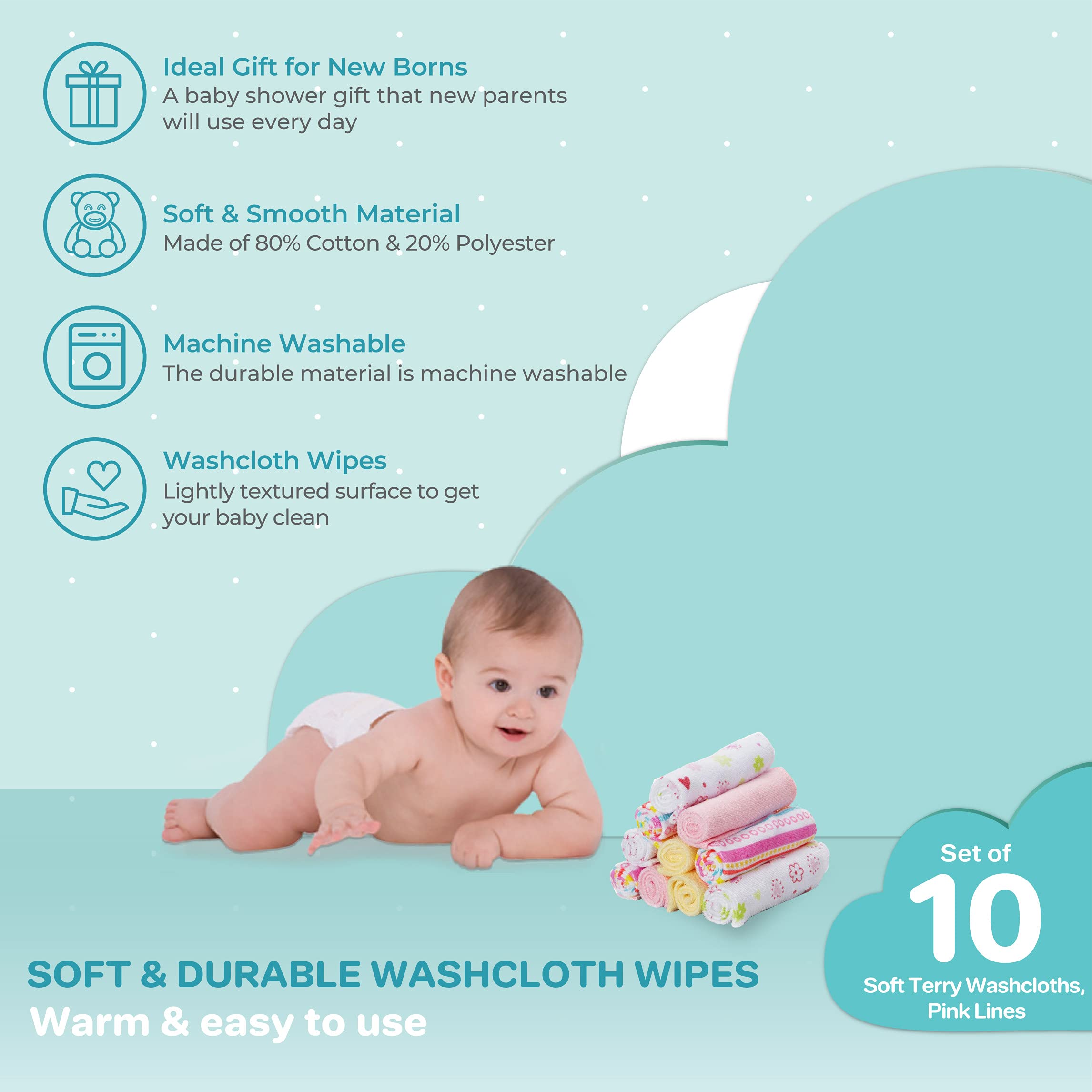 Spasilk Washcloth Wipes Set for Newborn Boys and Girls, Soft Terry Washcloth Set, Pack of 10, Pink Lines