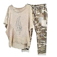 Two Piece Outfits for Women Summer Tops Casual Linen Sets 3/4 Sleeve Crewneck Tshirts and Camo Pants Tracksuit