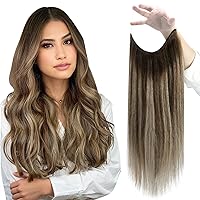 Fshine Human Hair Extensions, 18 Inch 80g Wire Hair Extensions Clip in Hair Extensions Balayage Dark Brown to Walnut Brown Mix Honey Blonde, Invisible Fish Line Hair Extensions Remy Straight