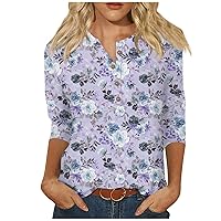 Womens 3/4 Length Sleeve Tops Casual Button Down Summer Shirts Loose Fit Three Quarter Length Sleeve Blouse