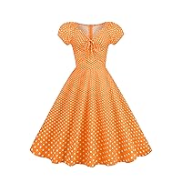 EFOFEI Women Tie Front 50s 60s Vintage Dress Short Sleeve V-Neck Swing Dress Polka Dot Prom Party Midi Dress