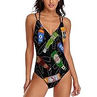 St Patrick's Beer Drinking Bottle Women's One Piece Swimsuit V Neck Bathing Suits Tummy Control Swimwear