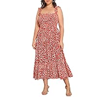 Women's Summer Plus Size Spaghetti Strap Floral Print Tiered Casual Beach Maxi Long Flowy Sundress