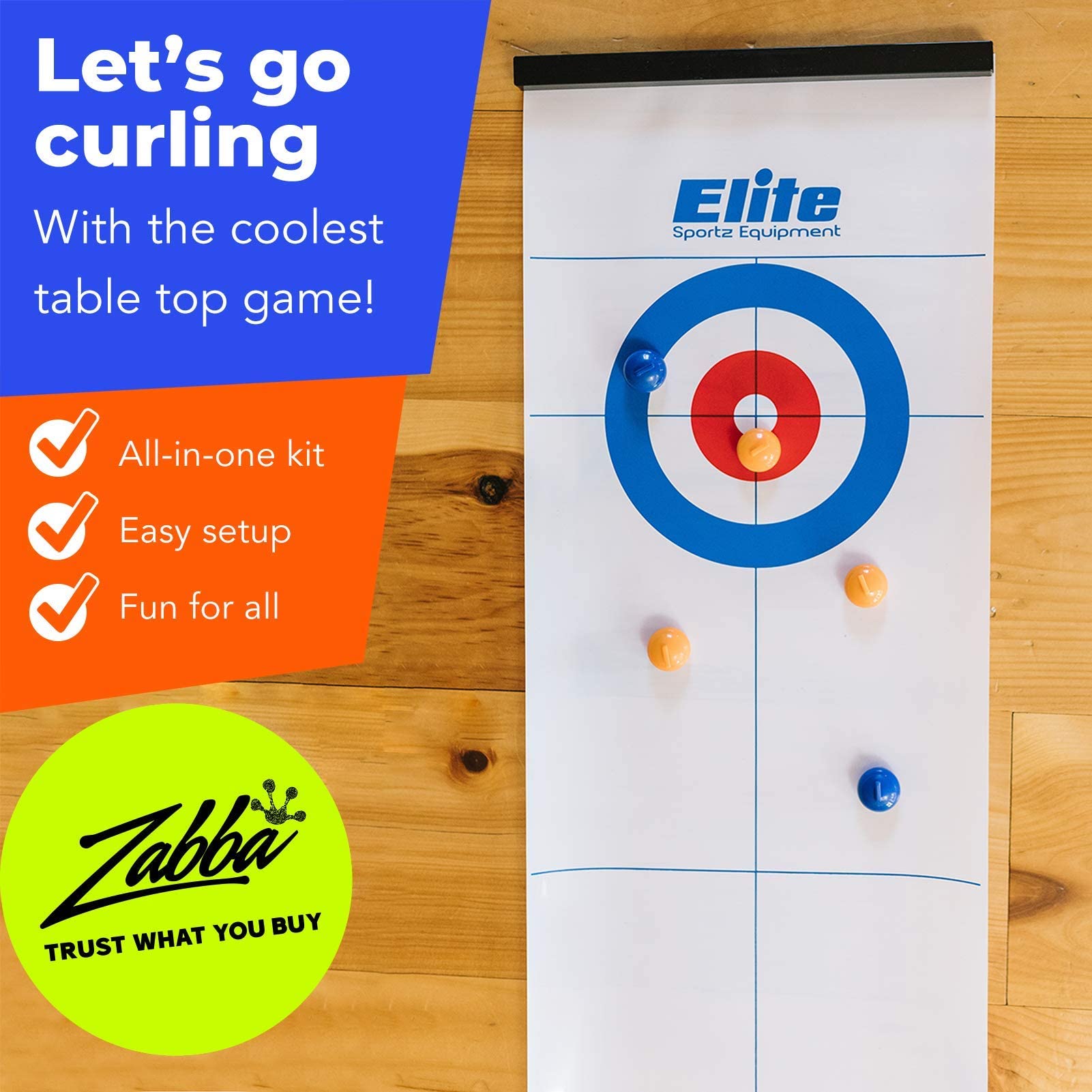 Elite Sportz Equipment Curling Game - Tabletop Games for Adults, Kids & Families - 4 Ft x 1 Ft Mat for Indoor Fun w/Bonus Travel Bag - Ages 6 & Up