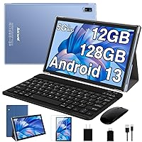 2024 Newest 10 Inch Tablet Android 13 Tablets with Keyboard, 12GB RAM 128GB ROM 512GB Expand, Octa-Core, 5G/2.4G WiFi, HD IPS Display, 8000mAh Tablet PC with Case Mouse GPS Split Screen Support -Blue