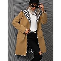 Coat for Women - Gingham Lined Hooded Overcoat (Color : Camel, Size : Large)