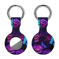 Butterflies and Roses Purple Printed Silicone Case for AirTags with Keychain Protective Cover Air Tag Finder Tracker Accessories Holder