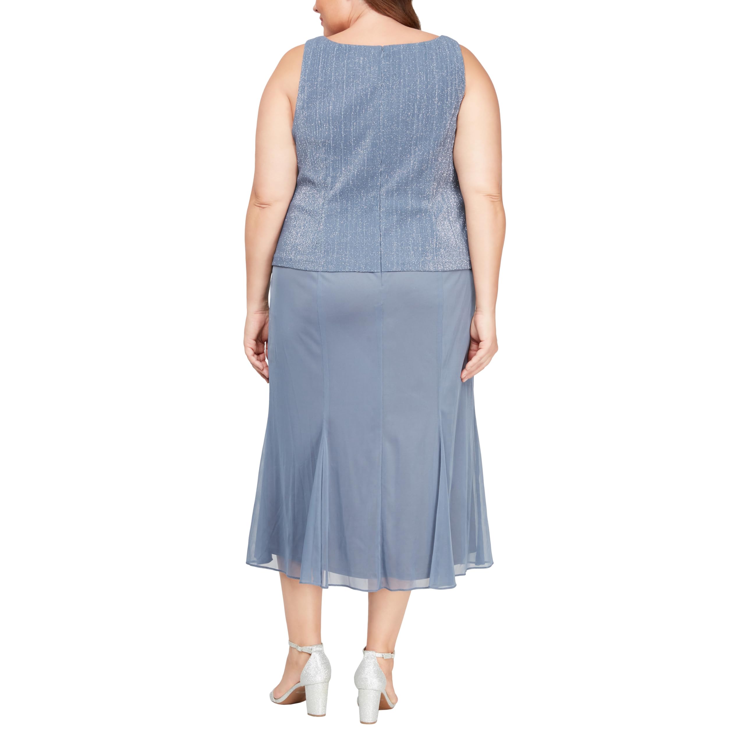 Alex Evenings Women's Plus Size Tea Length Jacket Dress with Sequin Beaded Trim, Steel Glitter