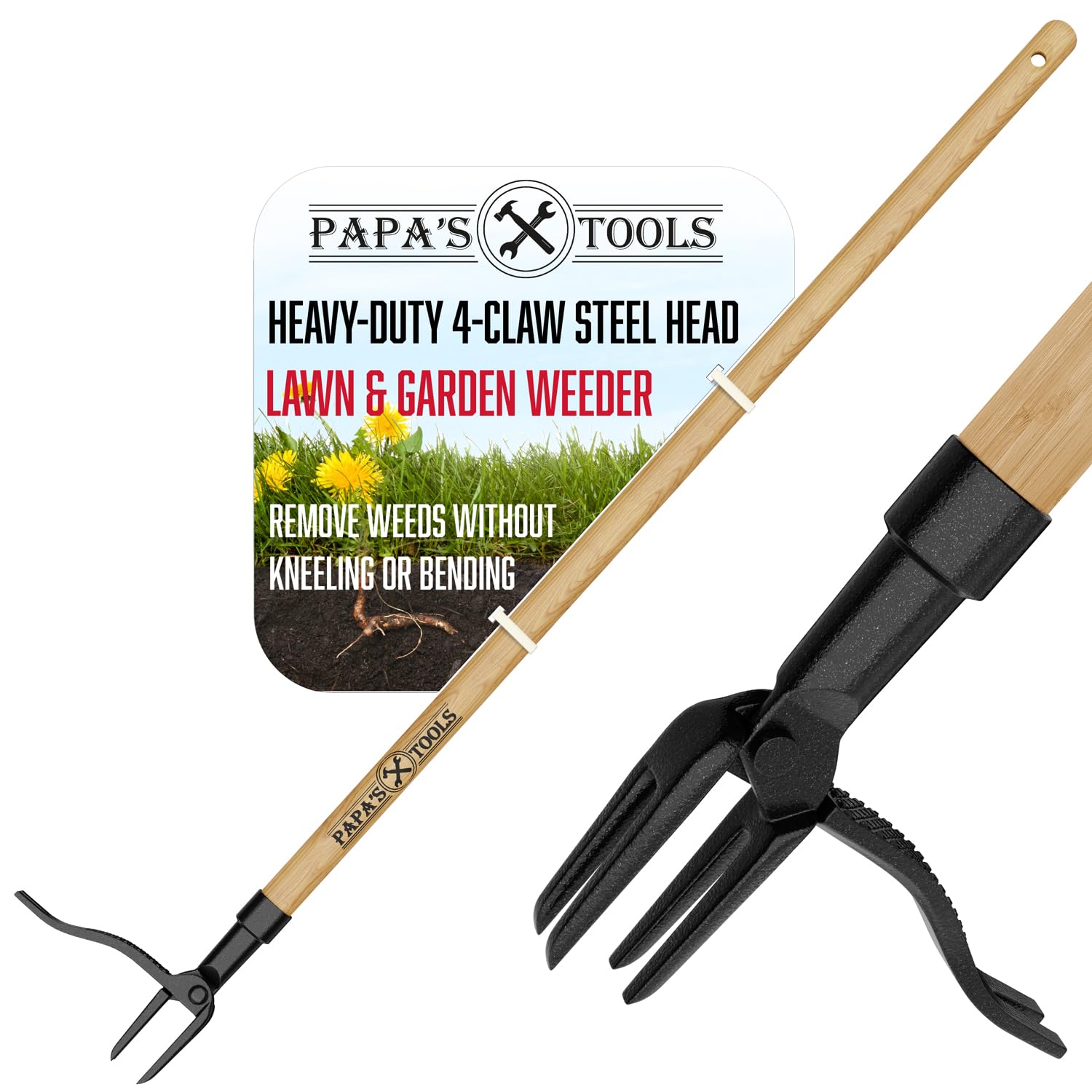Papa's Weeder - Stand Up Weed Puller Tool Made with Long Wooden Handle - Real Bamboo & 4-Claw Steel Head - Easly Remove Weeds Effortlessly Without The Need to Tug, Bend, Or Flex,