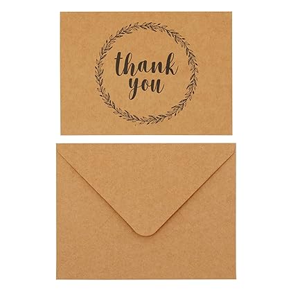 Best Paper Greetings 120 Pack Bulk Thank You Cards with Envelopes, Blank Kraft Paper Notes with V-Flap Envelopes for Wedding, Graduation, Baby Shower, Business, Funeral, Birthday (3.5x5 in)