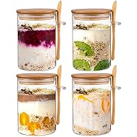 Glass Jars with Bamboo Airtight Lid and Spoon, Overnight Oats Containers with Lids, Decorative and Durable 17 Oz Kitchen Glass Canisters for Coffee Beans, Matcha, Flour, Sugar, Nuts, 4 Pcs
